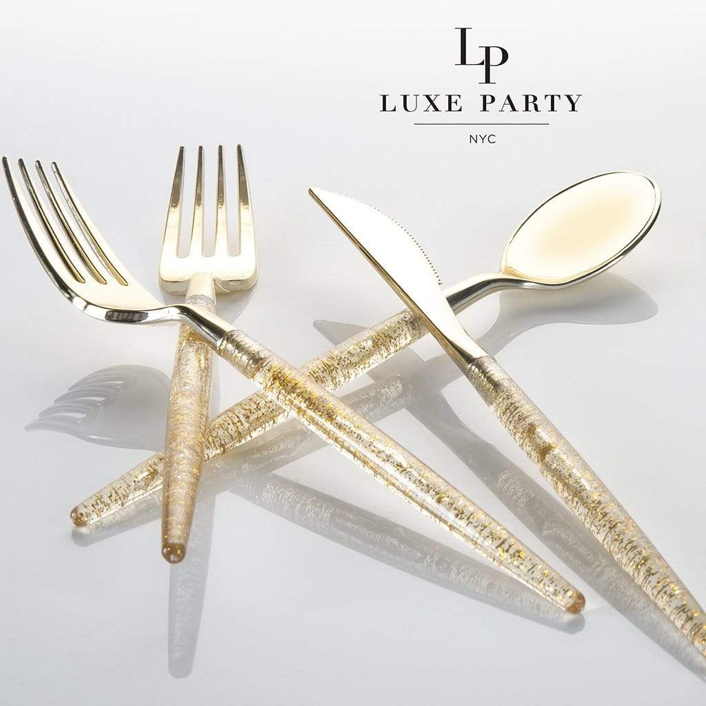 Gold Glitter Plastic Cutlery Set (32 Pieces)