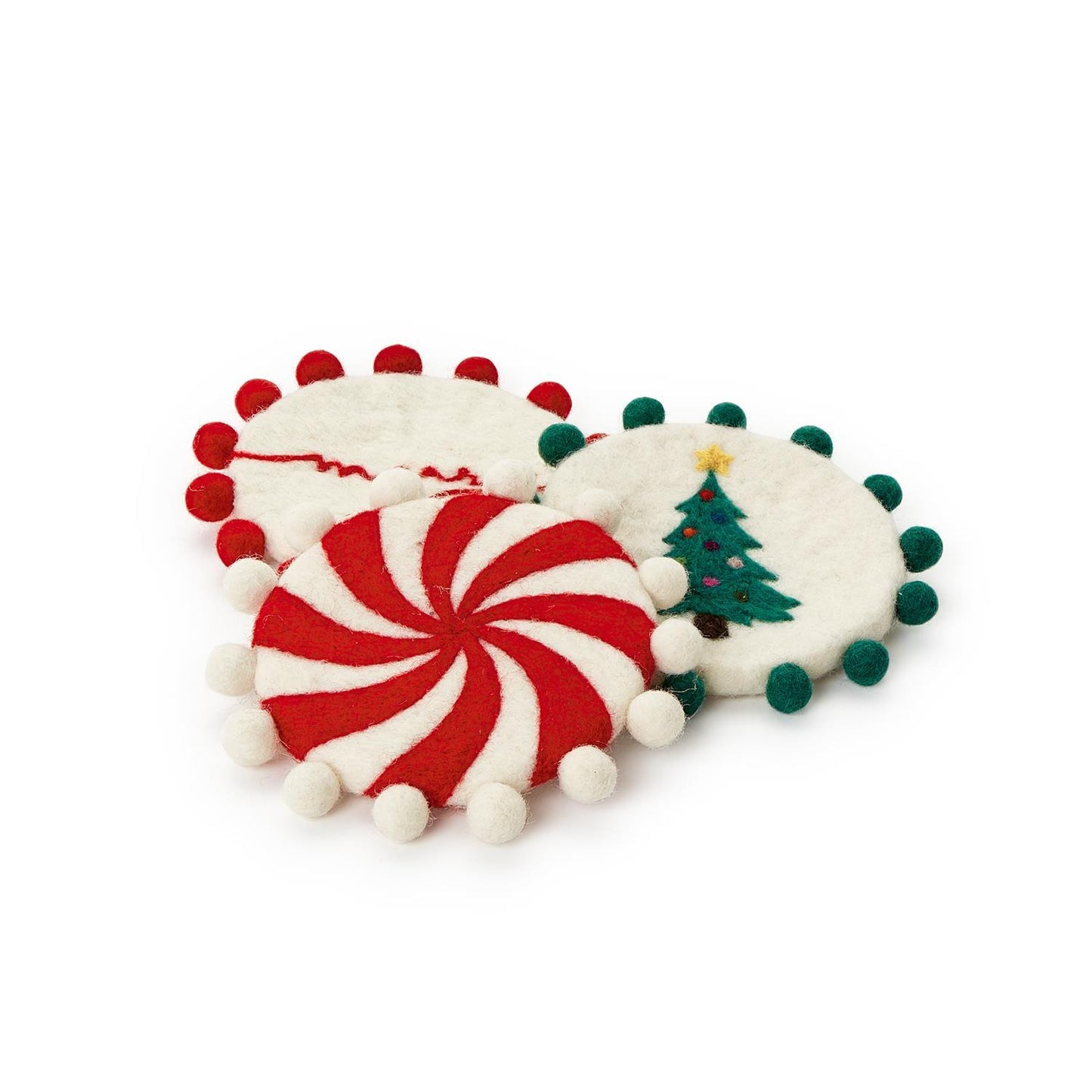 Set of 4 Hand-Crafted Felt Holiday Coasters with Pom Poms