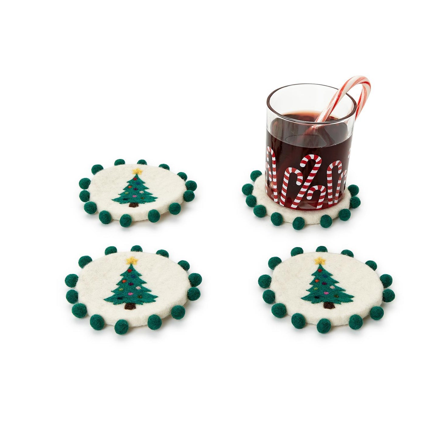 Set of 4 Hand-Crafted Felt Holiday Coasters with Pom Poms