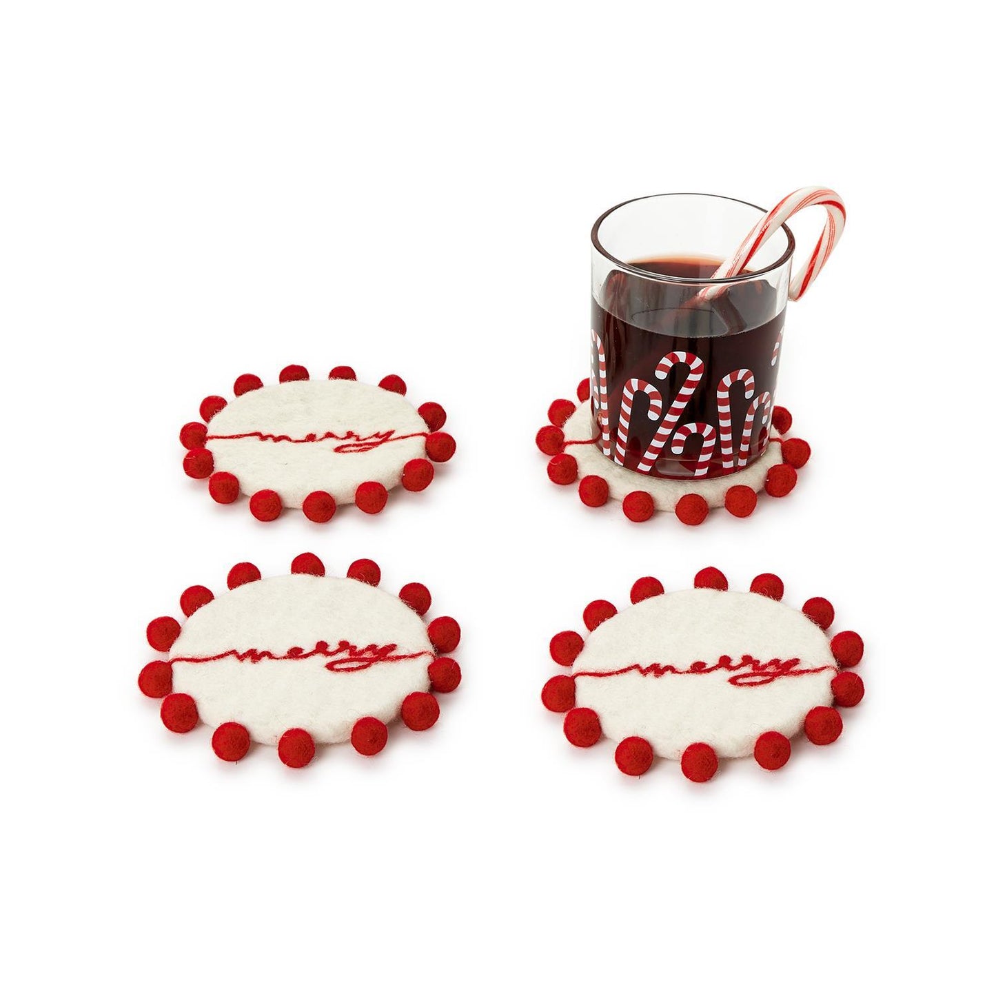 Set of 4 Hand-Crafted Felt Holiday Coasters with Pom Poms