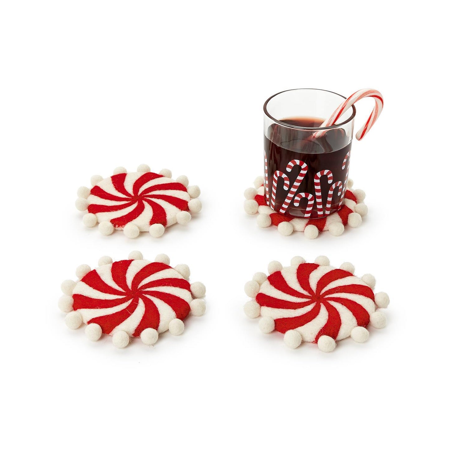 Set of 4 Hand-Crafted Felt Holiday Coasters with Pom Poms