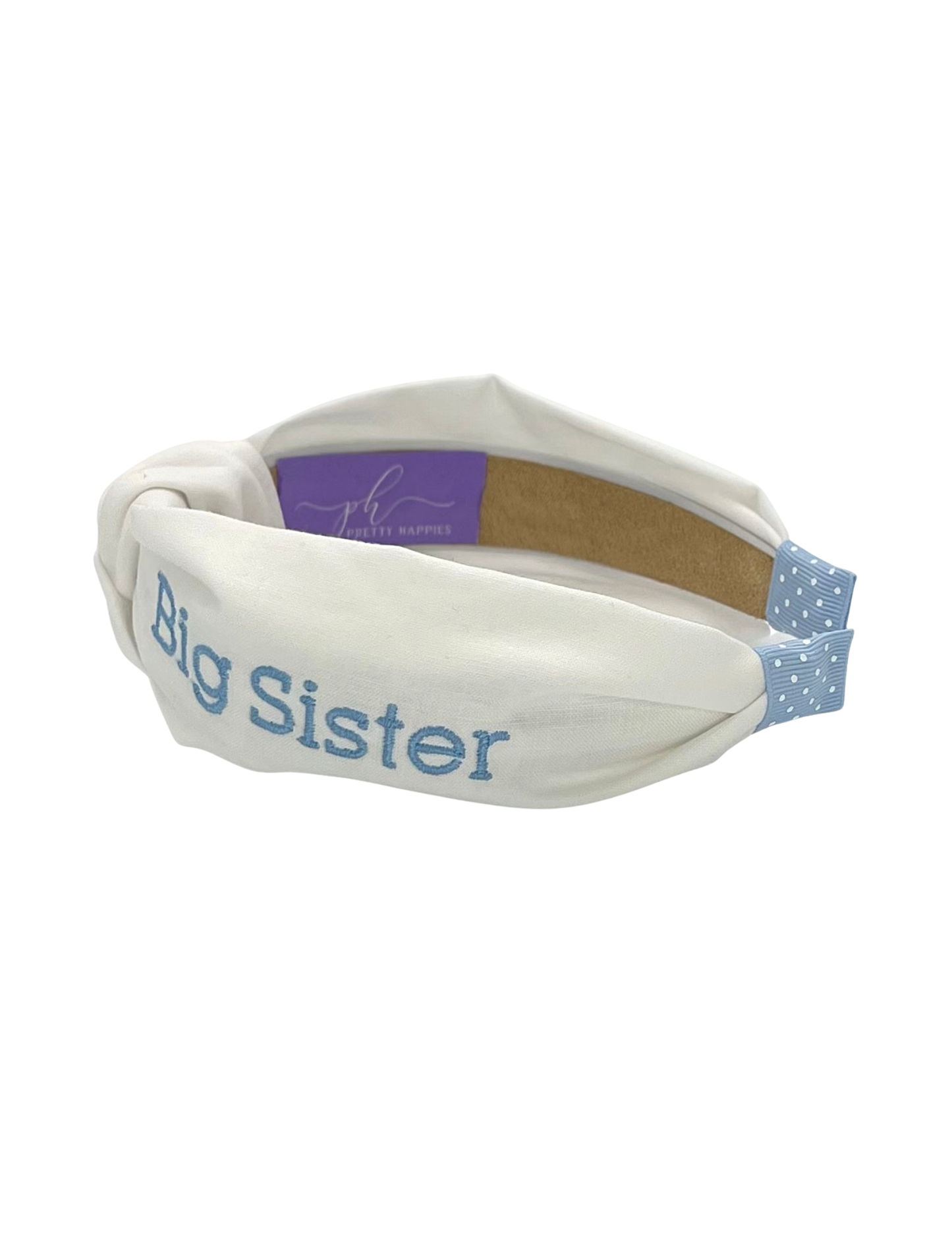 Big Sister in Blue Embroidery on White Handmade Headband