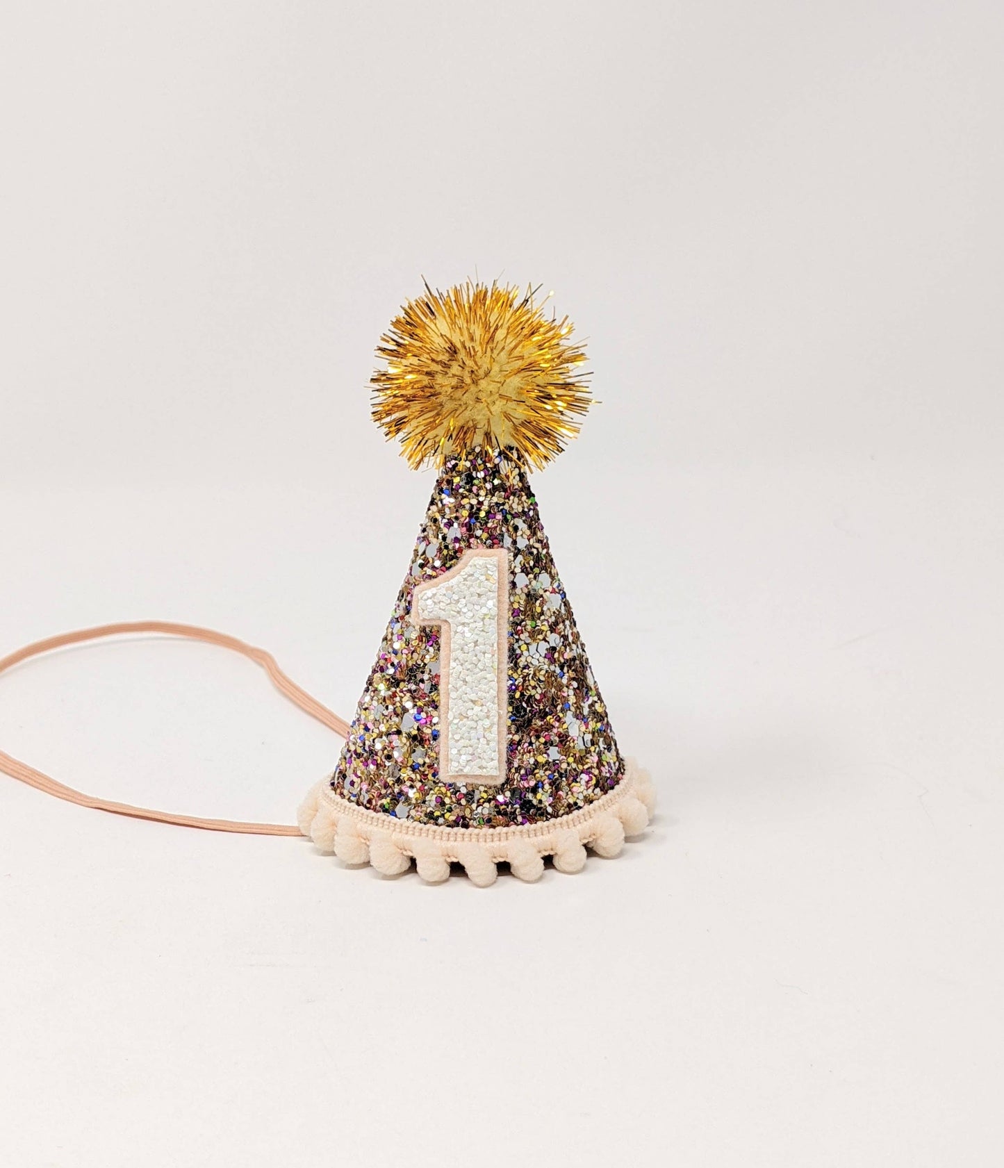 Confetti Felt Party Hat with Blush Trim and Gold Tinsel Pom: 1