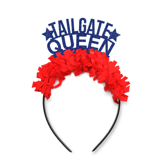 Tailgate Queen Game Day Party Headband: Royal Words/Red Fringe