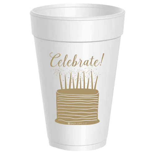 Metallic Gold Celebrate Cake Styrofoam Cups