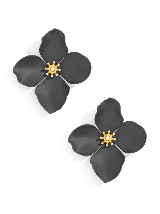 Matte Metallic Flower Earrings: Metallic Black