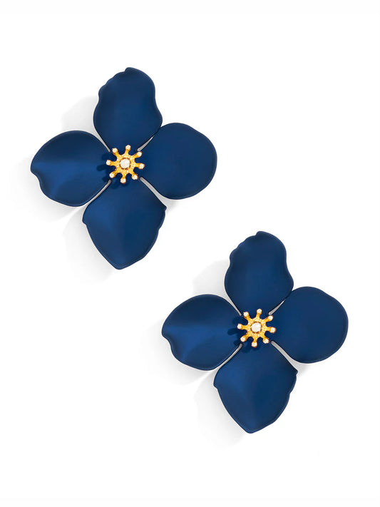 Matte Metallic Flower Earrings: Metallic Navy