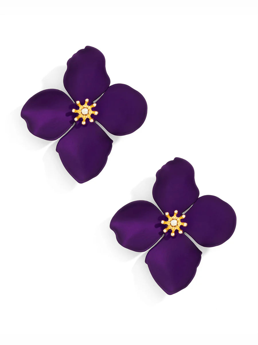 Matte Metallic Flower Earrings: Purple