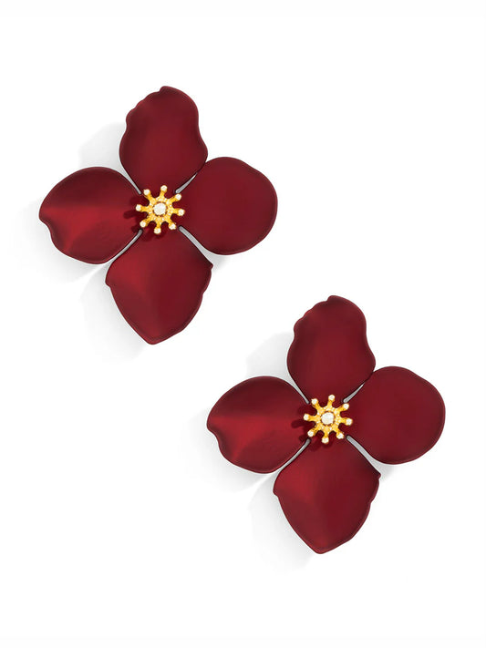 Matte Metallic Flower Earrings: Metallic Red