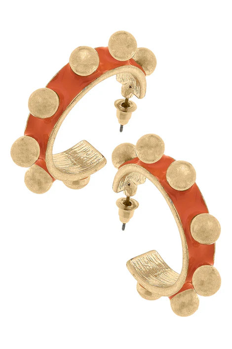 Jenna Chunky Enamel Studded Metal Hoop Earrings: Orange