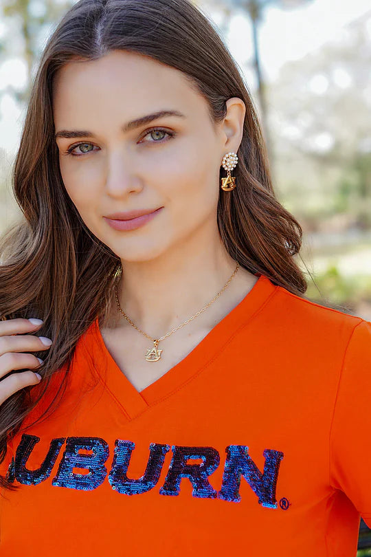 Auburn Tigers Pearl Cluster 24K Gold Plated Logo Earrings