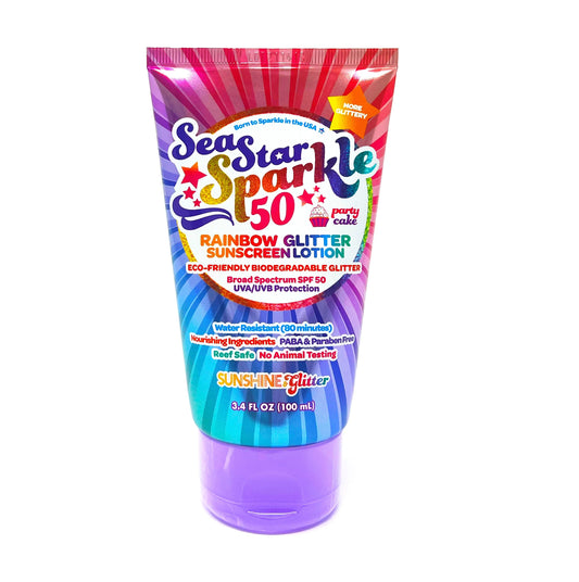Sea Star Sparkle SPF 50 Biodegradable Glitter Sunscreen: Rainbow Party Cake (3.4oz)