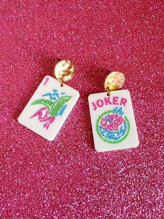 White Mahjong Tile Dangle Earrings