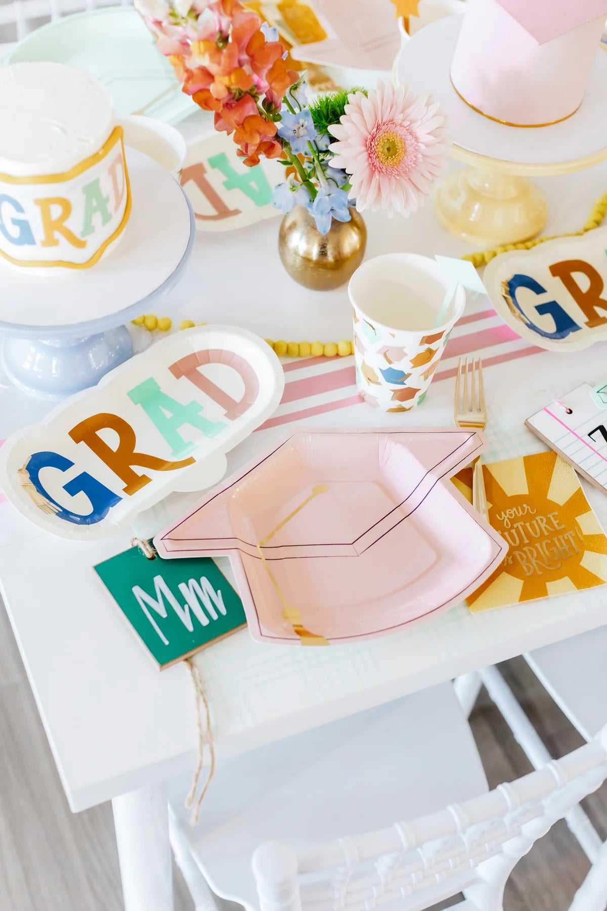 Pink & Seafoam Grad Cap Shaped Plate Set