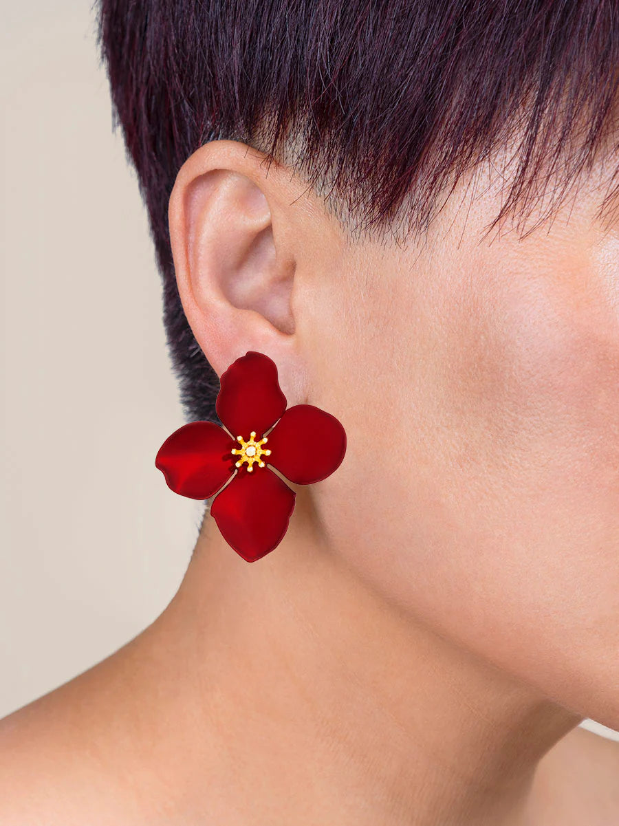 Matte Metallic Flower Earrings: Metallic Red