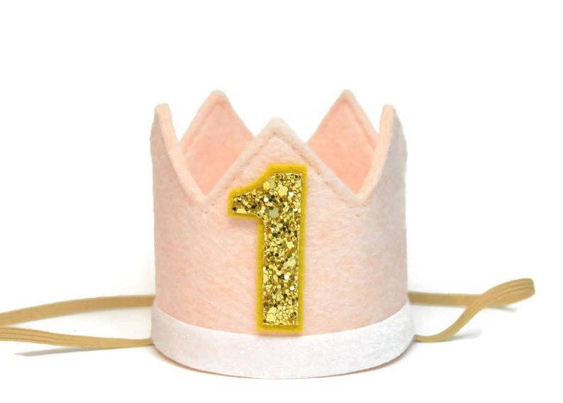 Blush Pink Felt Crown with White Glitter Trim: Gold 1