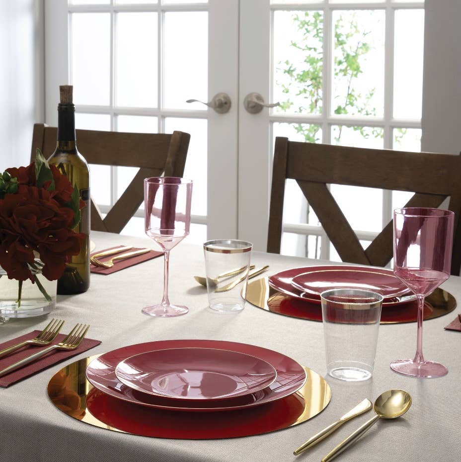 Round Plastic Dinner Plates: Cranberry • Gold