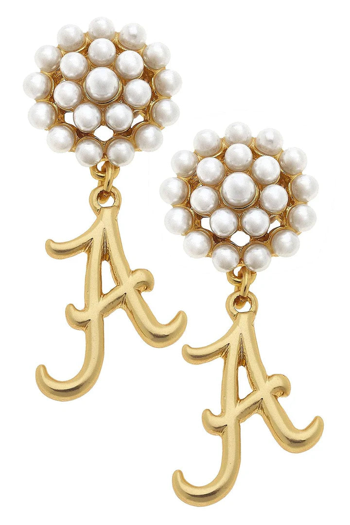 Alabama Crimson Tide Pearl Cluster 24K Gold Plated Logo Earrings