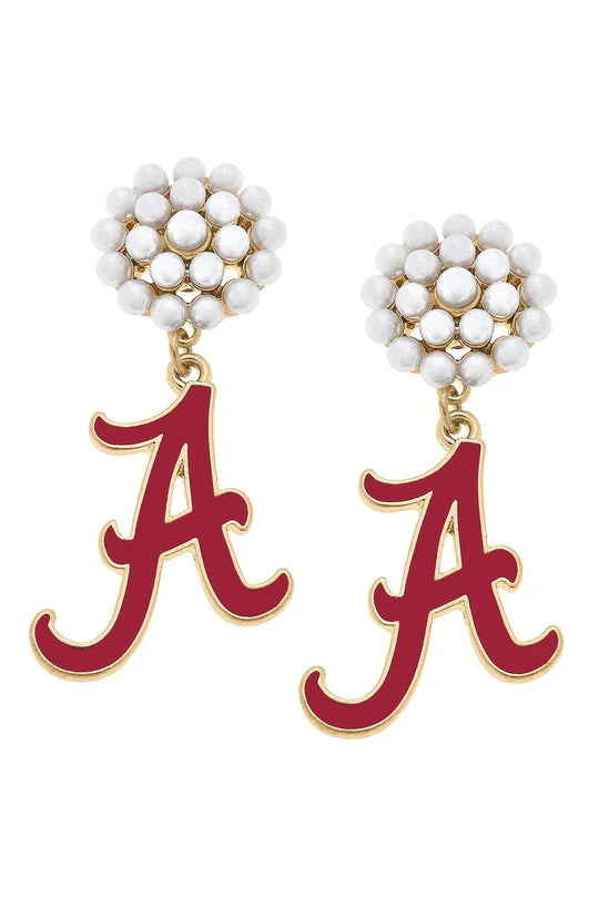 Alabama Crimson Tide Pearl Cluster Enamel Drop Earrings