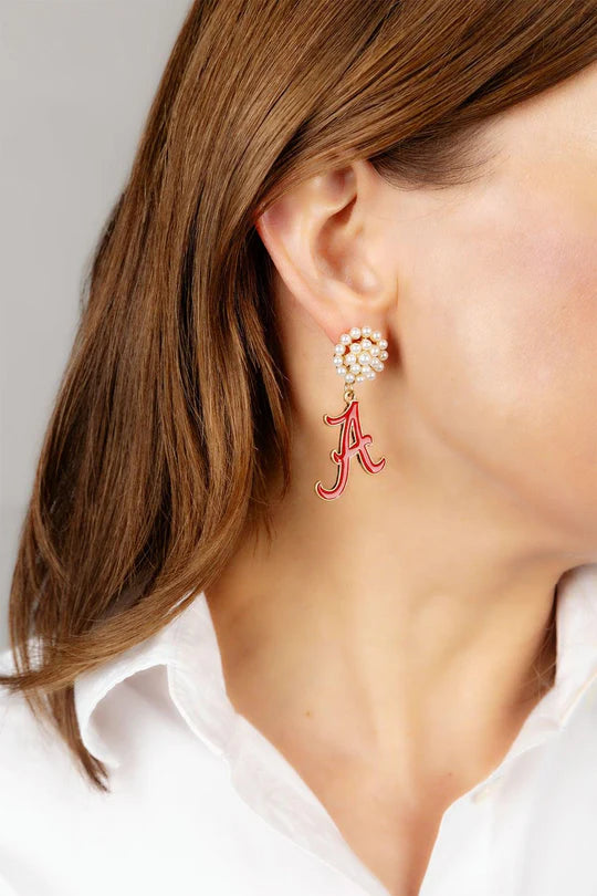 Alabama Crimson Tide Pearl Cluster Enamel Drop Earrings