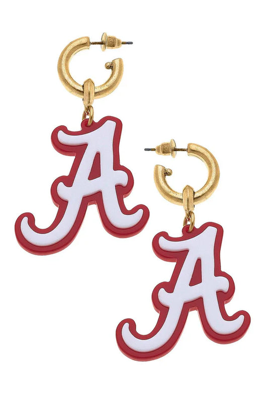 Alabama Crimson Tide Resin Logo Drop Hoop Earrings in Crimson