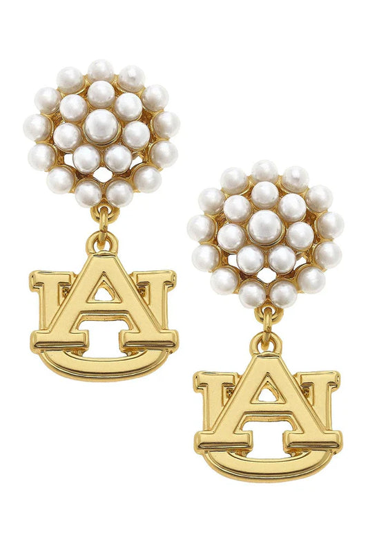 Auburn Tigers Pearl Cluster 24K Gold Plated Logo Earrings