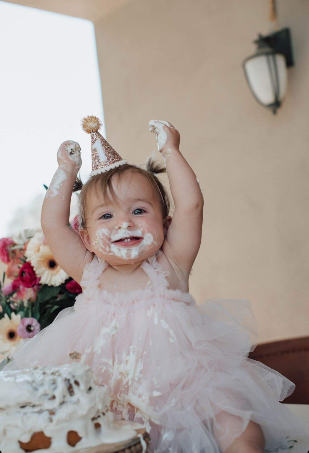 Confetti Felt Party Hat with Blush Trim and Gold Tinsel Pom: 1