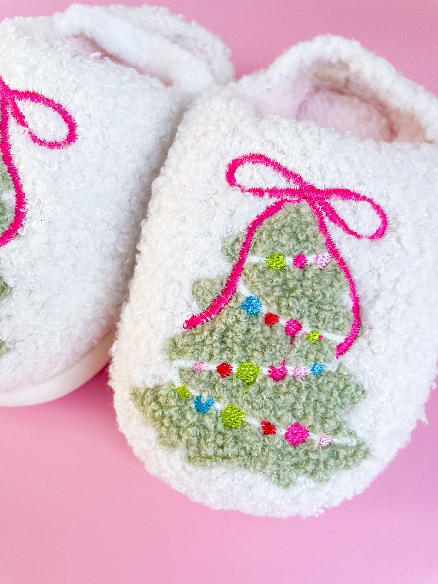 Pink Bow Christmas Tree Slippers (Toddler/Kid Sizes)