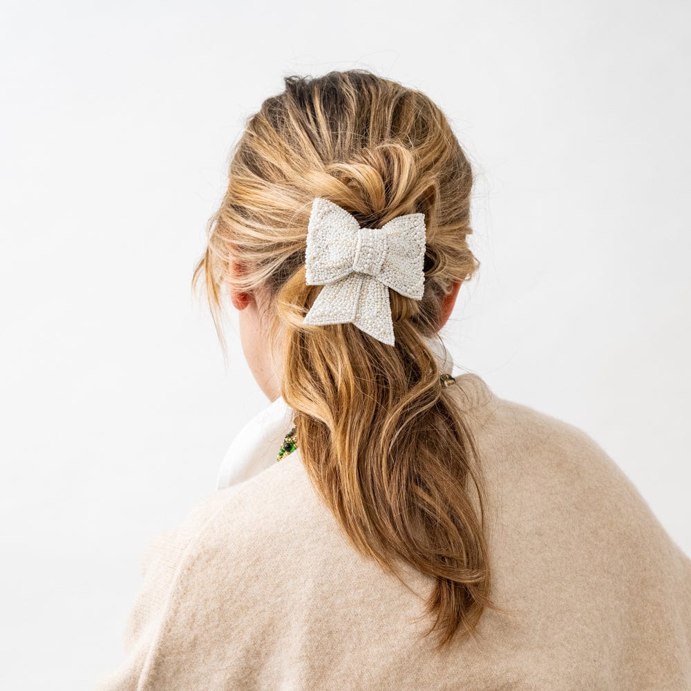 Clara Beaded White and Pearl Bow Barrette