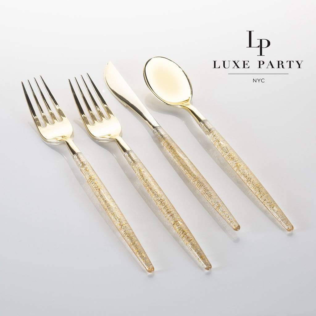Gold Glitter Plastic Cutlery Set (32 Pieces)