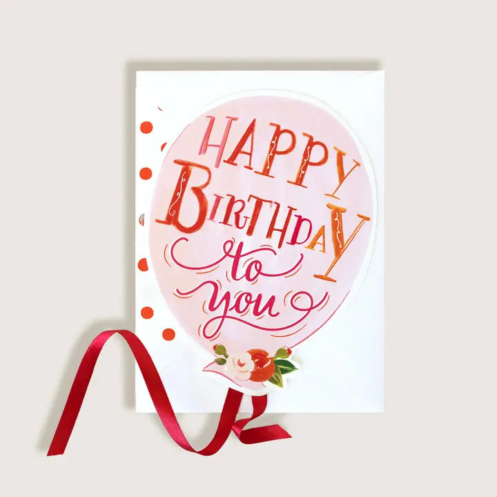Happy Birthday Light Pink Balloon with Red Ribbon Greeting Card