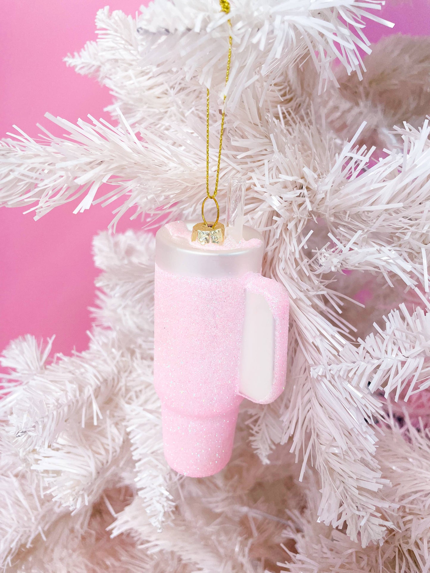 Pink Glittered Stanley Tumbler Christmas Ornament