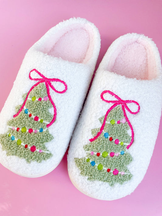 Pink Bow Christmas Tree Slippers (Adult Sizes)