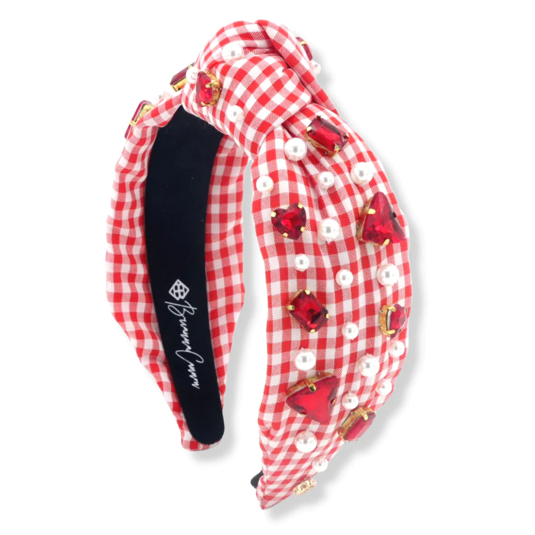 Red and White Gingham Headband with Red Heart Crystals and Pearls