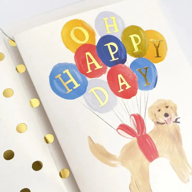 Happy Birthday Golden Retriever Dog with Balloons Greeting Card