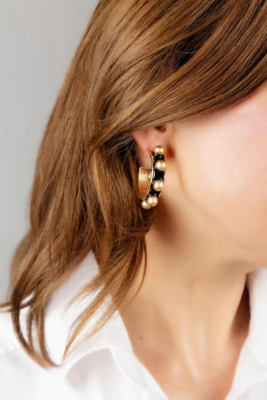 Jenna Chunky Enamel Studded Metal Hoop Earrings: Black