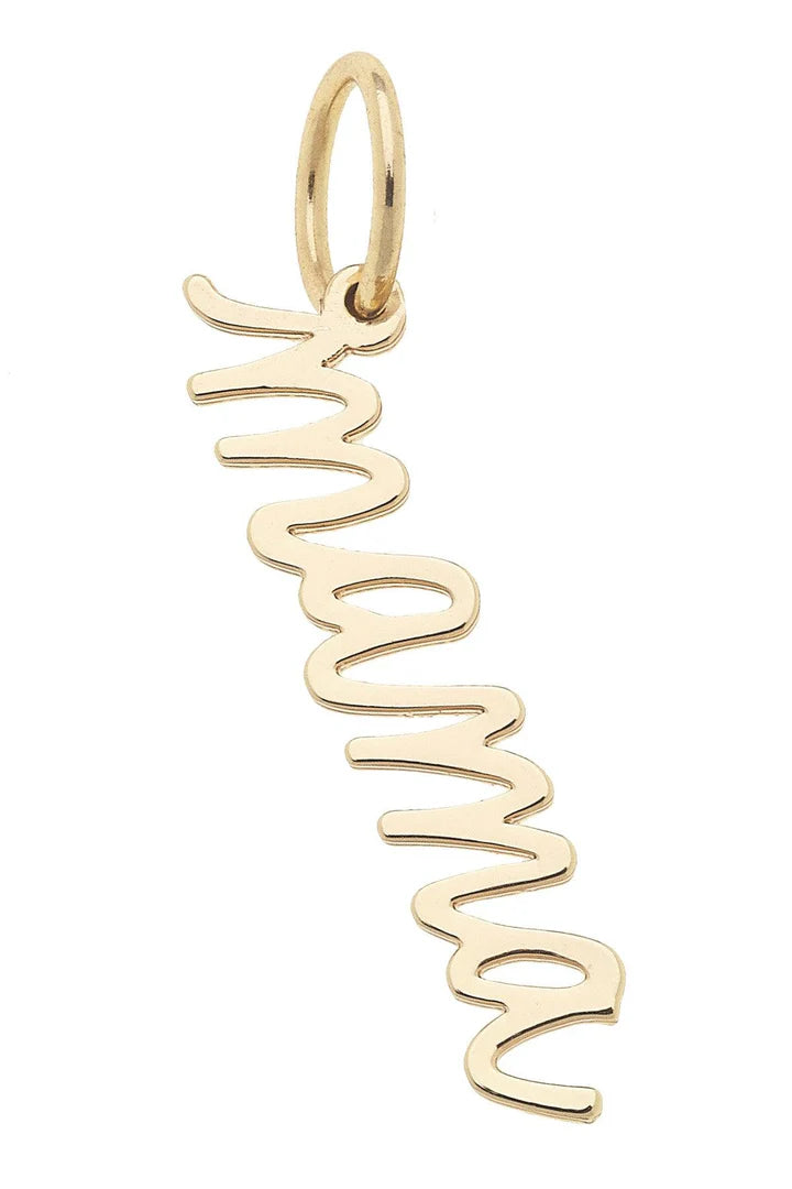 "Mama" Cursive Script Charm in Shiny Gold