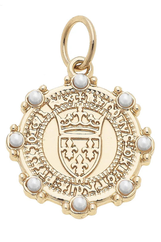 Pearl Studded Coin Charm in Shiny Gold