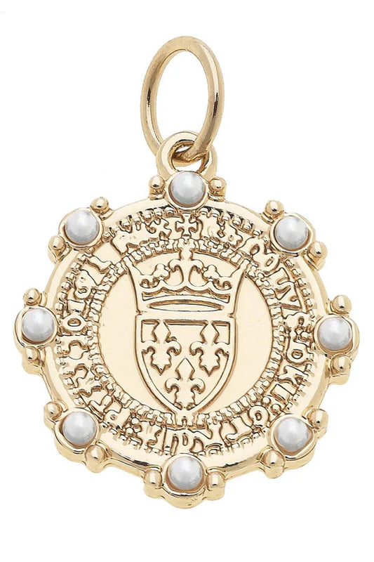 Pearl Studded Coin Charm in Shiny Gold