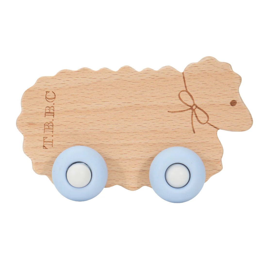 Sheep with Bow & Blue Wheels Teether