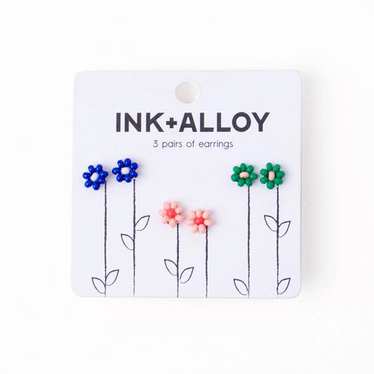 Tina Flower Earrings Trio Set: Lapis Blue, Pink + Kelly Green