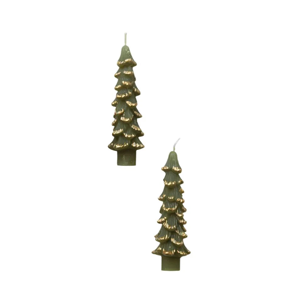 Small Green Tree Taper Candles with Gold Tips  (Set of Two)