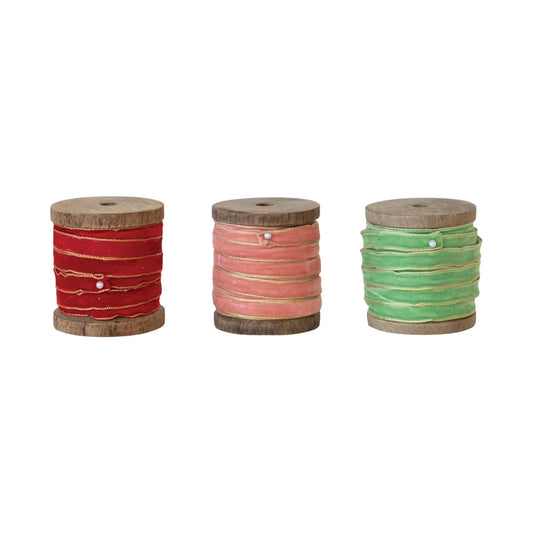 Velvet Ribbon on Wood Spool with Metallic Edges (Multiple Color Options)