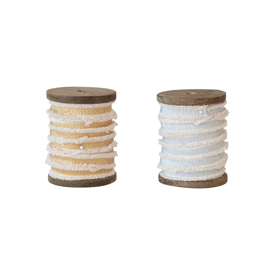 Cotton Ribbon on Wood Spool with Metallic Threads (Multiple Color Options)