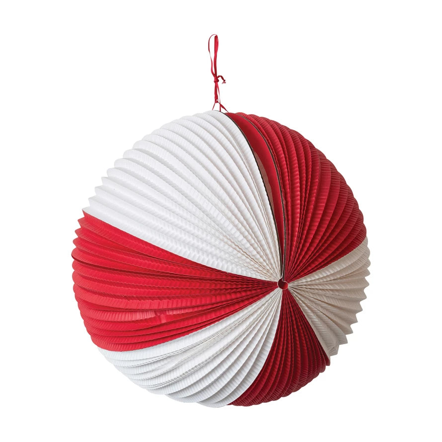 18" Red & White Pleated Ball Ornament