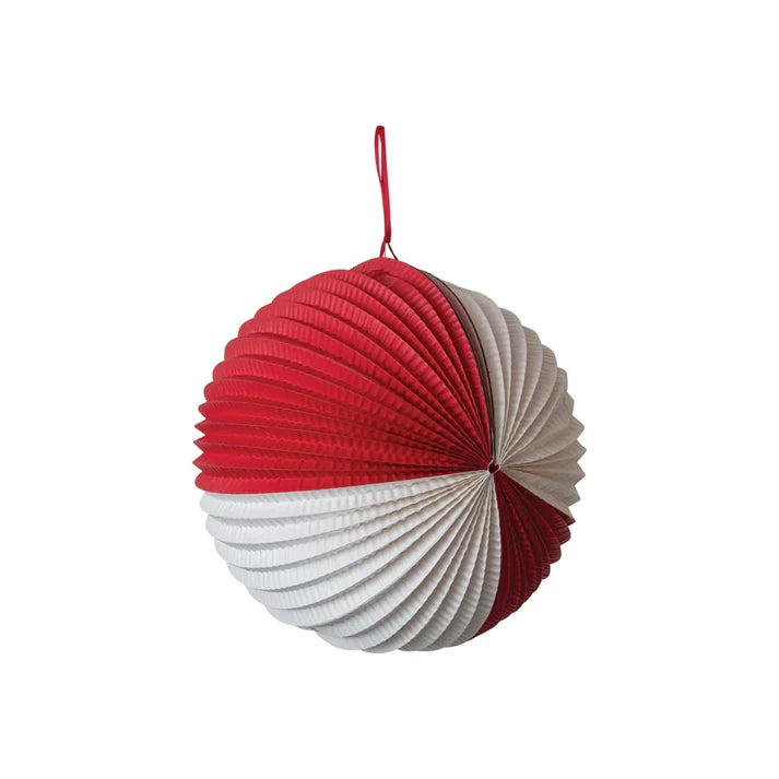 12" Red & White Pleated Ball Ornament