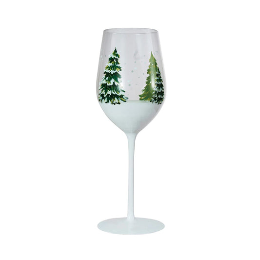 Hand-Painted Stemmed Wine Glass with Trees & Snow