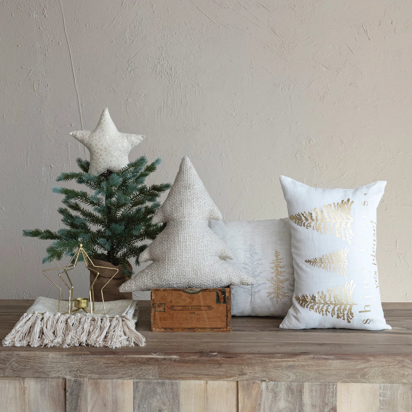 Cotton Tree-Shaped Pillow with Metallic Gold Thread