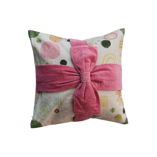 16" Cotton Printed Pillow with Bow