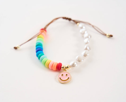 Malibu Sugar Bolo Bracelet: Pearl & Rainbow Beaded Smiley Face